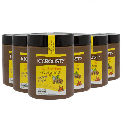Kicrousty - Lot de 6 pâtes à tartiner chocolat lait noisettes et feuillantine - 6x280 g 