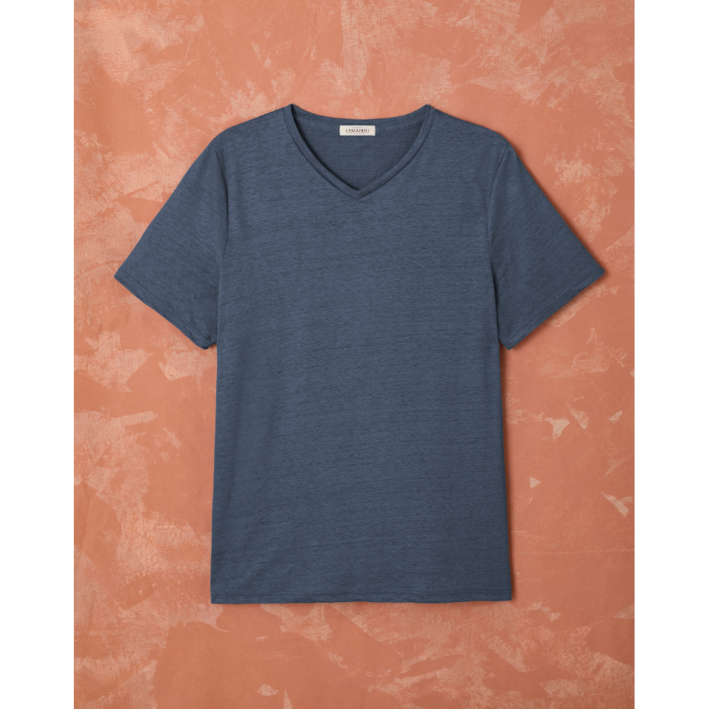 T-shirt col V homme lin - Marine