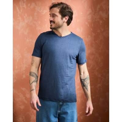 T-shirt col V homme lin - Marine