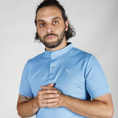 Polo BLEU CIEL col Mao homme - Manches courtes