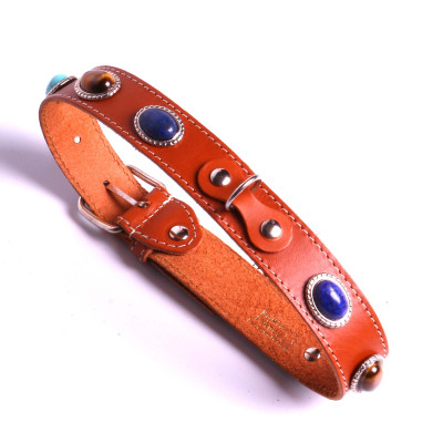 Large Collier Chien Cuir et Pierre Turquoise Lapis lazulite Œil de Tigre Fait main en France.